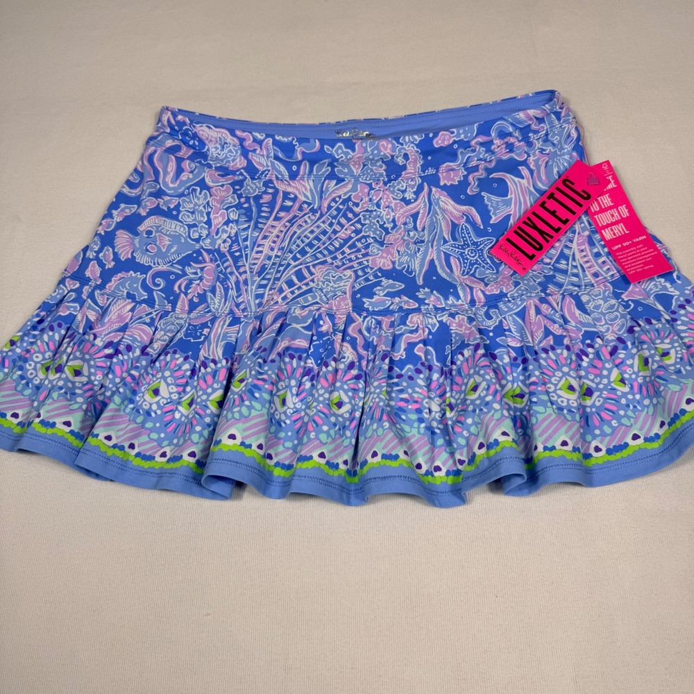 Lilly Pulitzer Taye Skort M Boca Blue Sea What I Sea Luxletic Ruffle UPF 50+